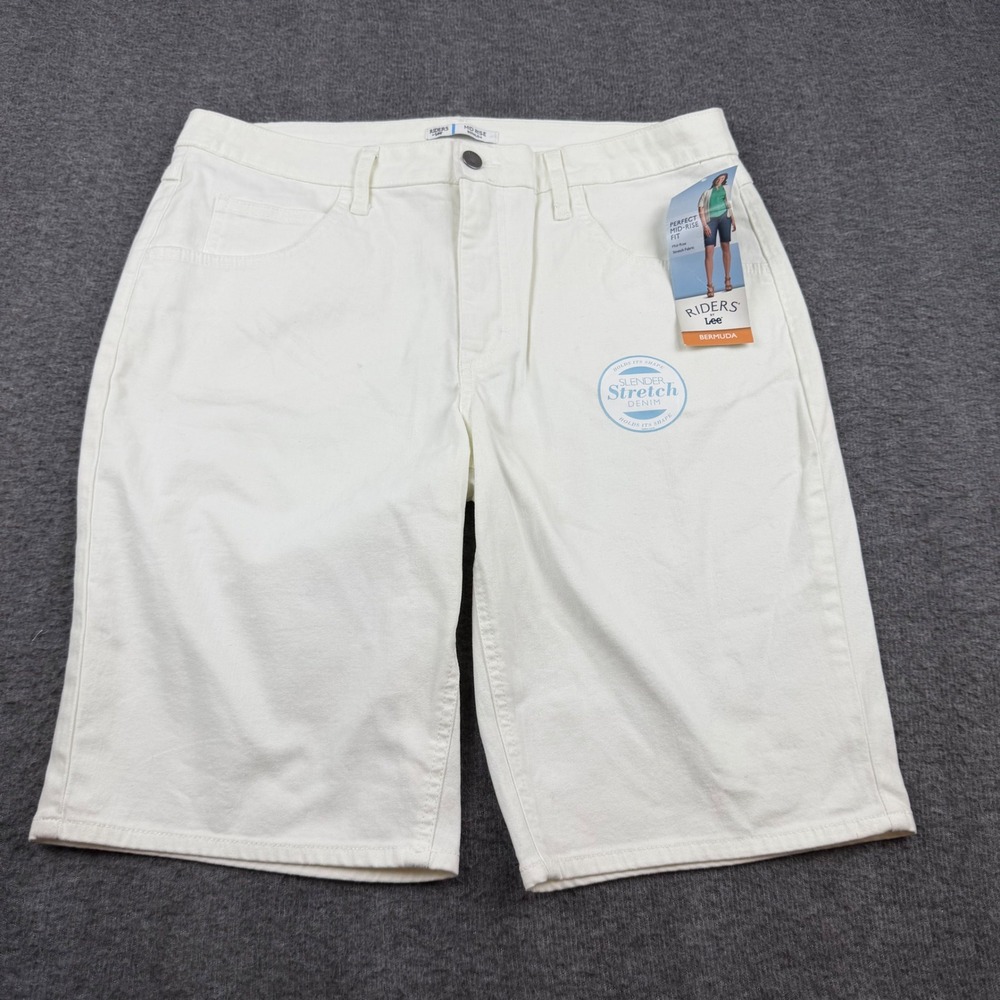 Riders by Lee Bermuda Shorts Women's 14 White Mid Rise Slender Stretch Denim